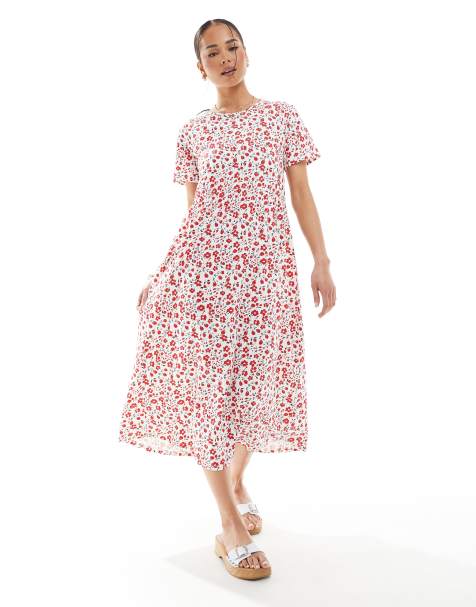 Threadbare short sleeve jersey midi dress with pockets in red floral print - view 1