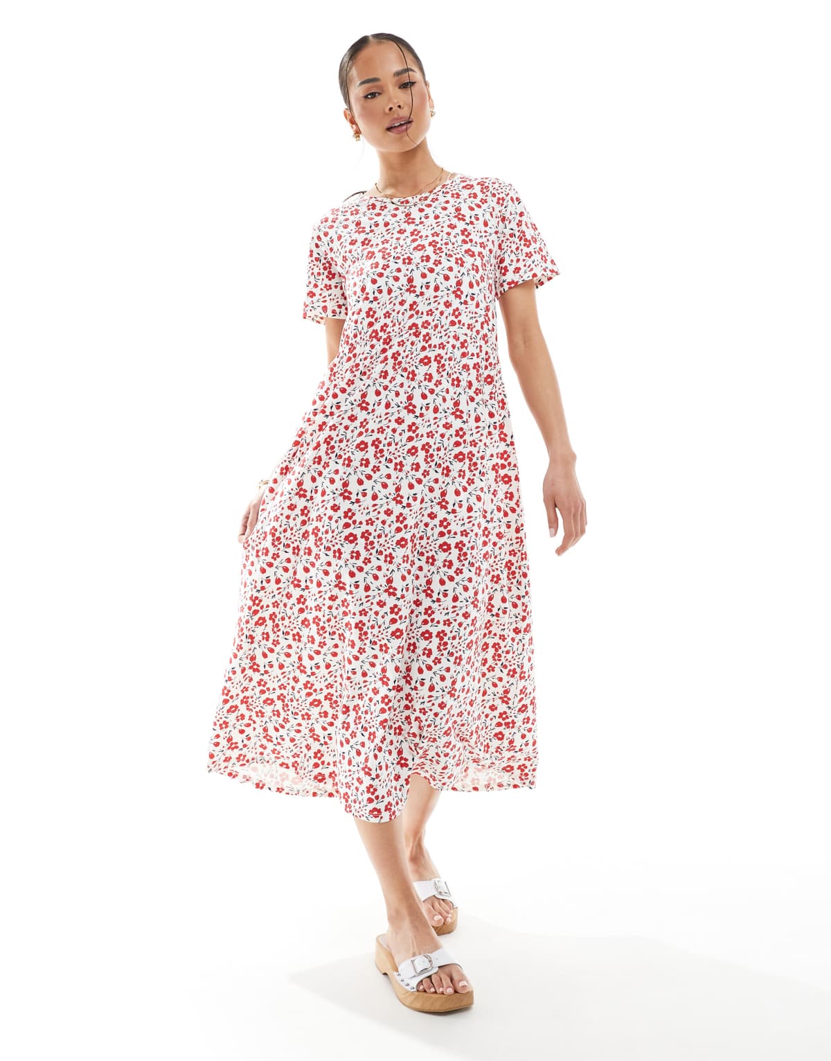 Threadbare short sleeve jersey midi dress with pockets in red floral print