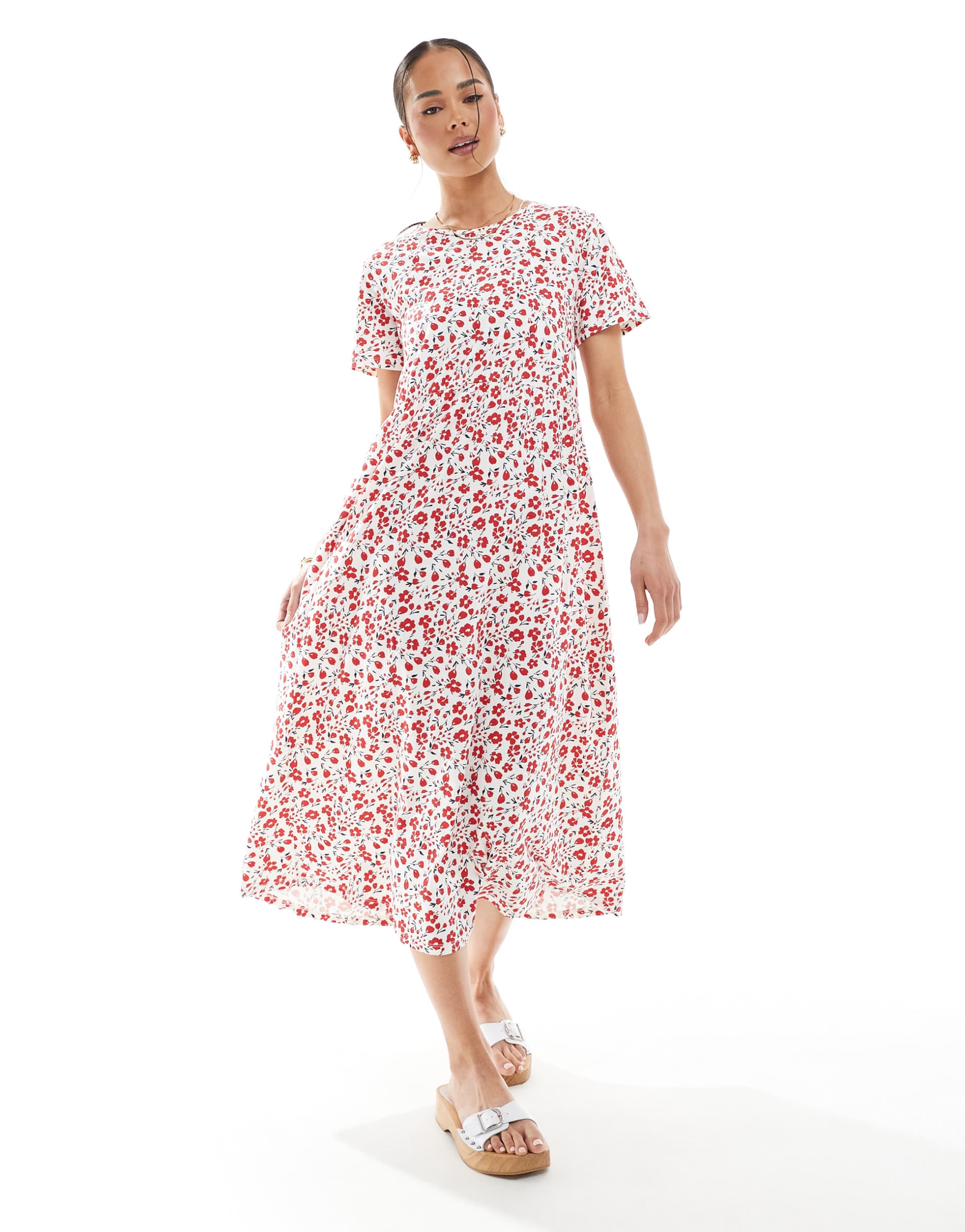 threadbare short sleeve jersey midi dress with pockets in red floral print