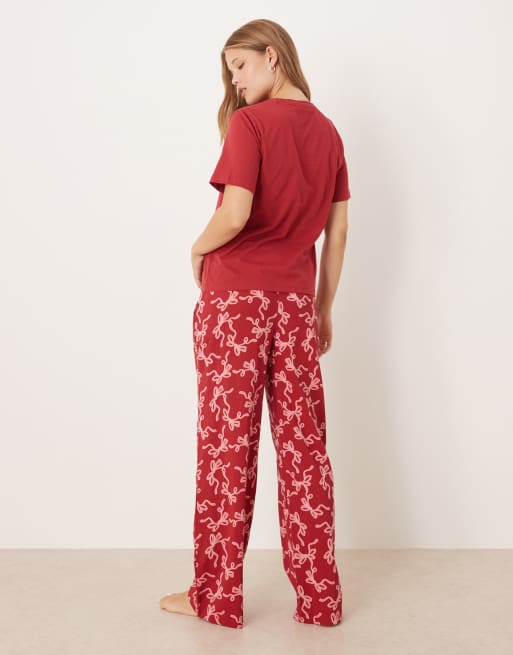 Threadbare short sleeve joy print pyjamas with pattern pants in pink and burgundy, 2 of 4