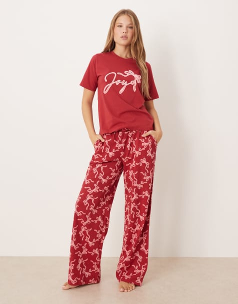 Threadbare short sleeve joy print pyjamas with pattern trouser in pink and burgundy - view 1