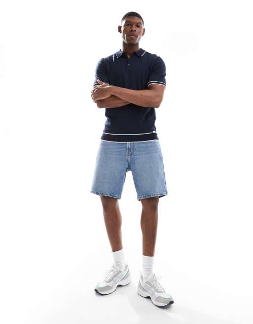 Threadbare short sleeve knit polo shirt in navy with white tipping