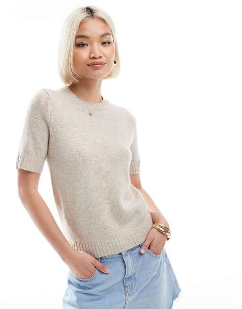 Threadbare short sleeve knitted jumper in stone - view 1