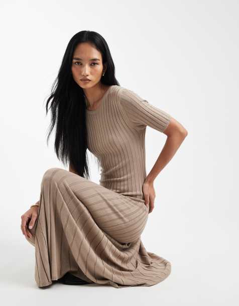 Threadbare short sleeve knitted maxi dress in oat - view 1