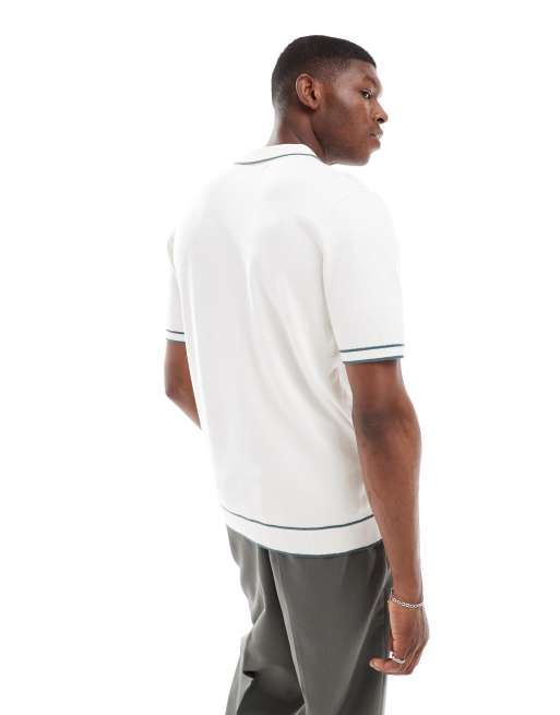 Threadbare short sleeve knitted polo shirt in ecru and sage, 2 of 4