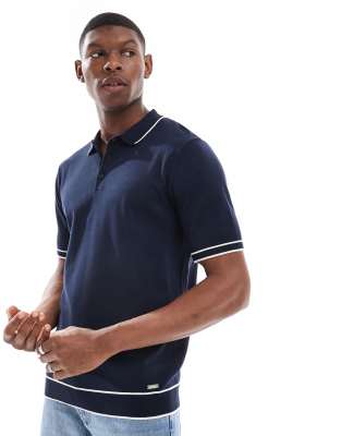 Threadbare Threadbare short sleeve knitted polo shirt in navy with white tipping-Multi