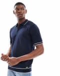 [Threadbare] Threadbare short sleeve knitted polo shirt in navy with white tipping-Multi L NAVY