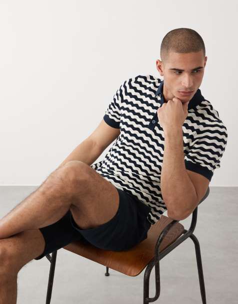 Threadbare short sleeve knitted polo top with zig zag print in navy and ecru - view 1