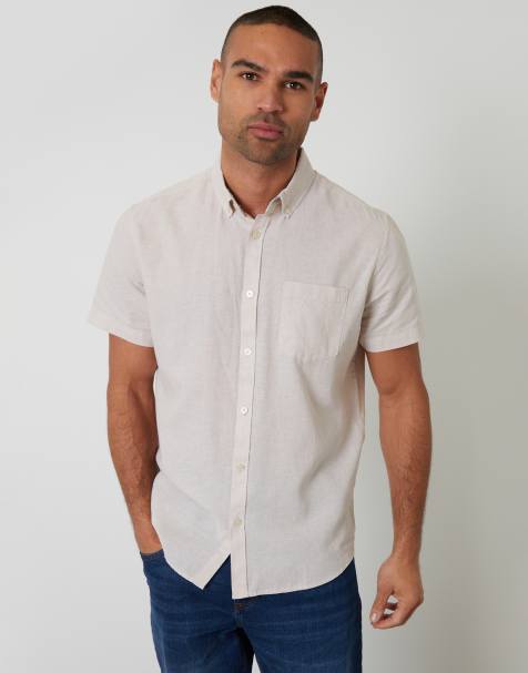 Threadbare Short sleeve linen blend shirt in light stone - view 1