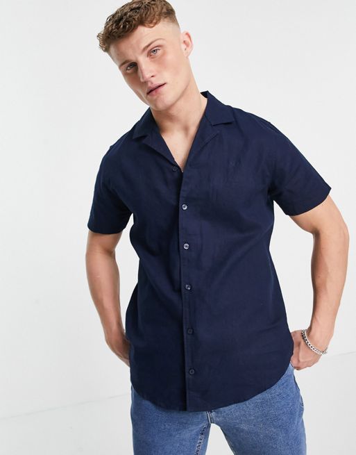 Threadbare short sleeve linen mix shirt in navy | ASOS
