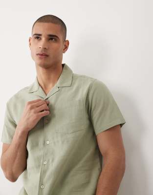 Threadbare Short Sleeve Linen Mix Shirt In Green