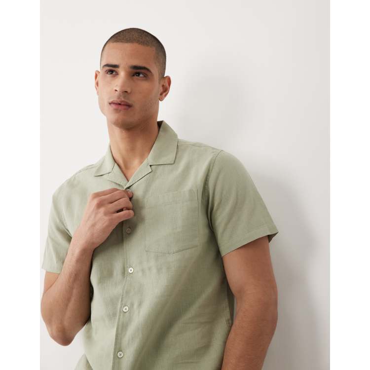 sage green men's dress shirt short sleeve Men's 1950s Italian Collar Linen Short Sleeve Shirt - Sage main image 1