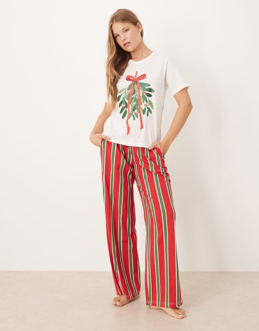 Threadbare short sleeve mistletoe print pyjamas with stripe pants in cream and red, 2 of 4
