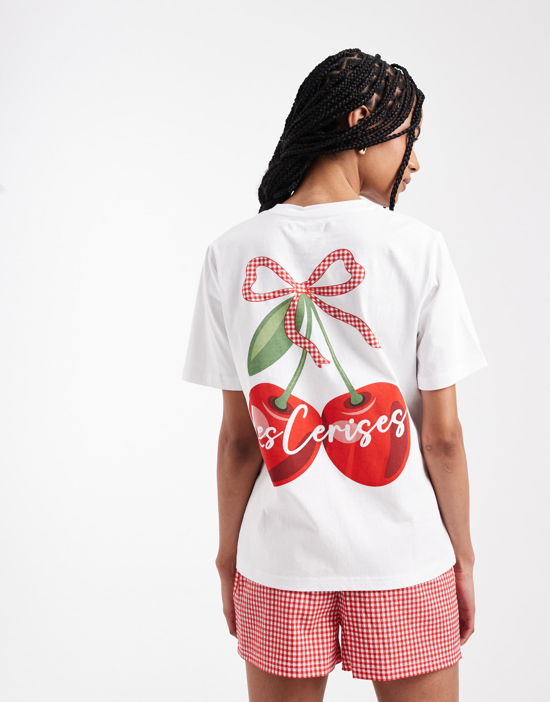 threadbare short sleeve pajama set with cherry print and boxer shorts in red check