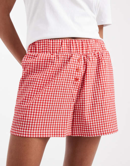 Threadbare short sleeve pyjama set with cherry print and boxer short in red check, 3 of 4