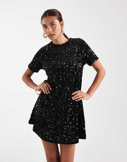 Threadbare short sleeve sequin mini dress in black | ASOS
