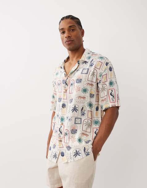 Threadbare short sleeve shirt with beach graphic print in ecru - view 1