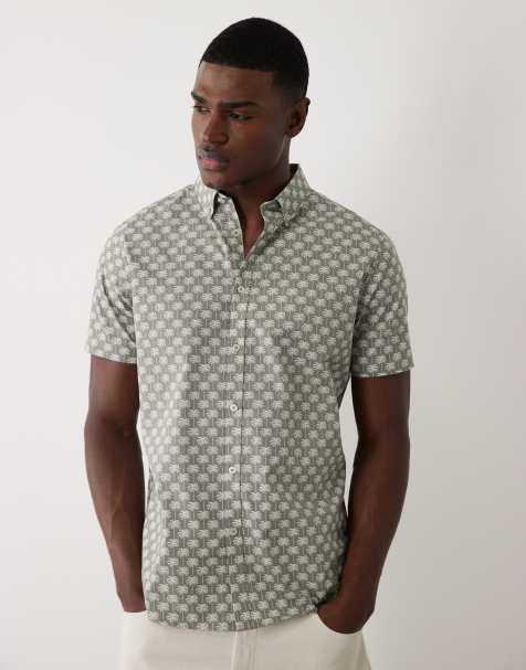 Threadbare short sleeve shirt with palm tree print in sage green - view 1