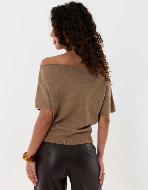 Threadbare Short sleeve slash neck jumper in beige, 2 of 4