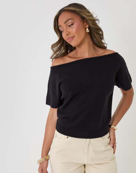 Threadbare Short sleeve slash neck jumper in black - view 1