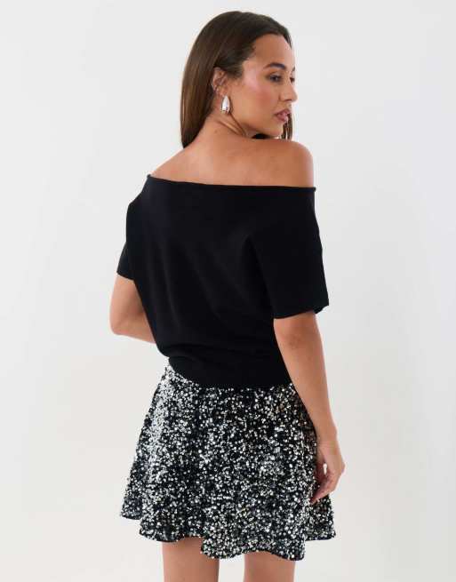 Threadbare Short sleeve slash neck jumper in black, 2 of 4