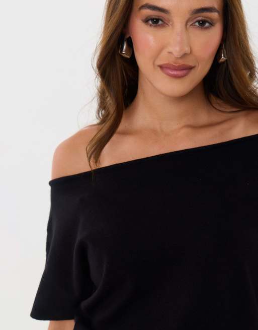 Threadbare Short sleeve slash neck jumper in black, 3 of 4