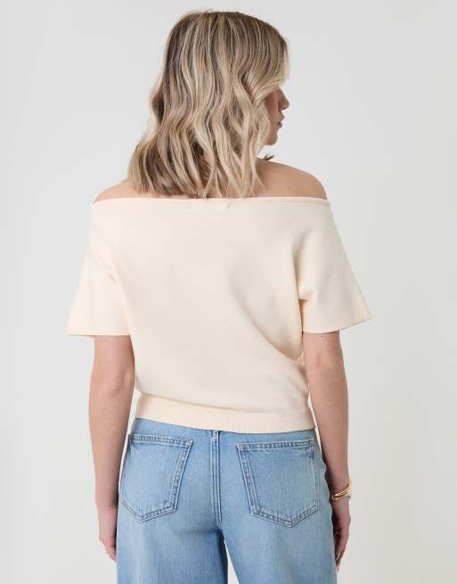 Threadbare Short sleeve slash neck jumper in cream, 4 of 4