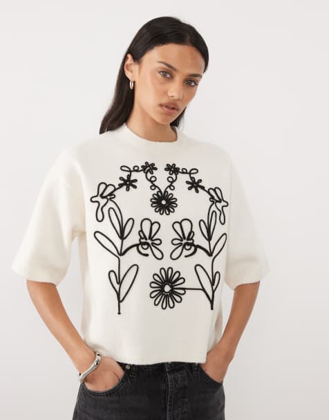 Threadbare short sleeve sweater with flower embroidery in ecru - view 1