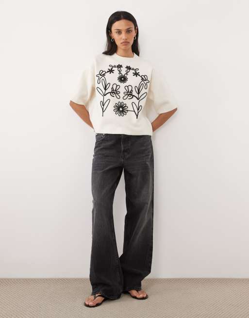 Threadbare short sleeve sweater with flower embroidery in ecru, 2 of 4