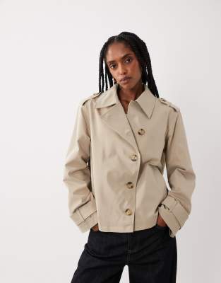 Threadbare Short Trench Coat With Asymmetric Detail In Neutral