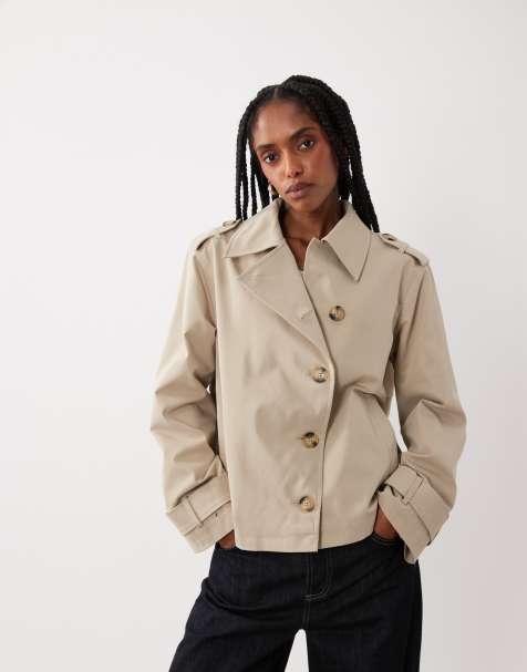 Threadbare short trench coat with asymmetric detail in stone - view 1