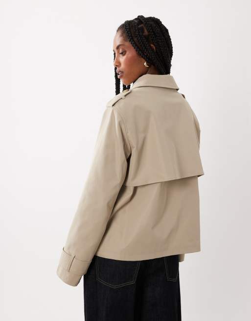 Threadbare short trench coat with asymmetric detail in stone, 4 of 4