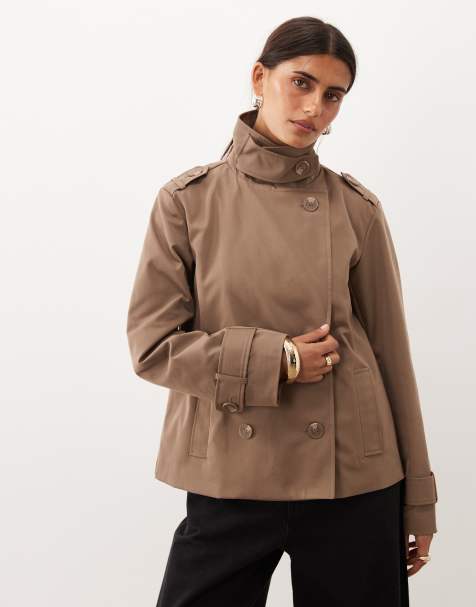 Threadbare short trench jacket with funnel neck detail in coffee - view 1