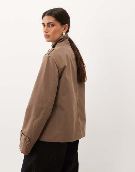 Threadbare short trench jacket with funnel neck detail in coffee, 2 of 4