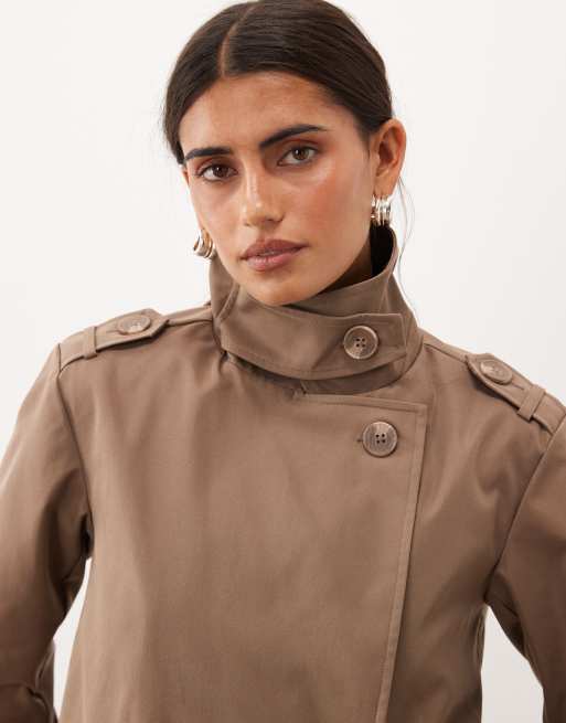 Threadbare short trench jacket with funnel neck detail in coffee, 3 of 4