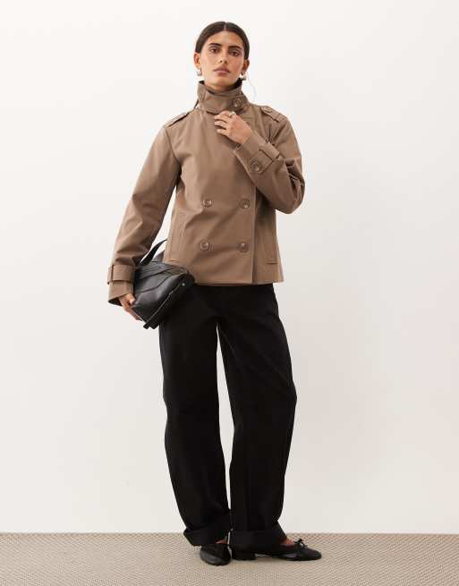Threadbare short trench jacket with funnel neck detail in coffee, 4 of 4