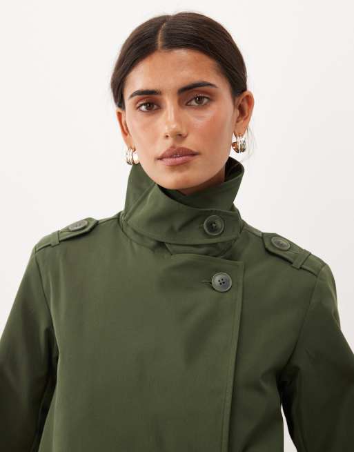 Threadbare short trench jacket with funnel neck detail in khaki, 2 of 4
