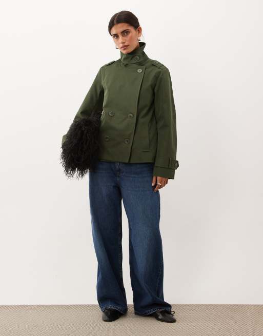 Threadbare short trench jacket with funnel neck detail in khaki, 4 of 4