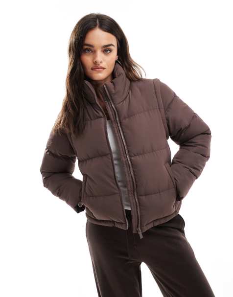 Threadbare short zip up puffer jacket with detachable sleeves in brown - view 1