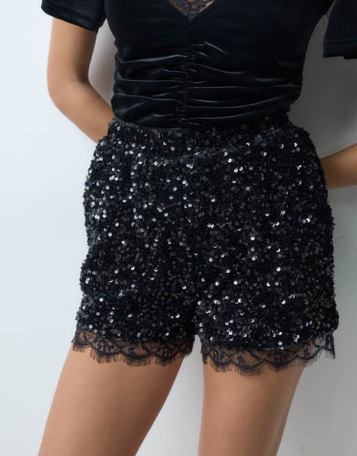 Threadbare shorts corti con paillettes e bordo in pizzo neri, 3 di 5