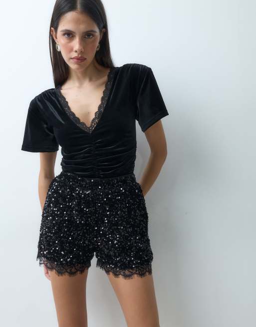 Threadbare shorts corti con paillettes e bordo in pizzo neri, 5 di 5