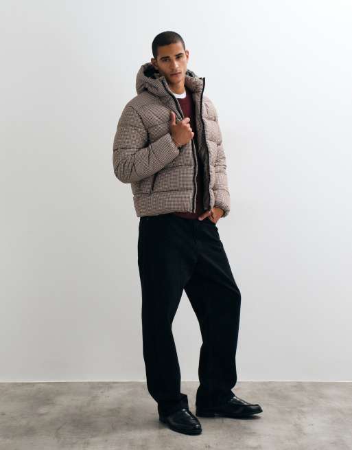 Threadbare Showerproof Hooded Puffer Coat in Brown Check, 2 of 5