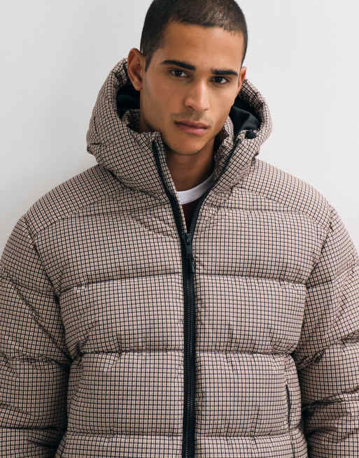 Threadbare Showerproof Hooded Puffer Coat in Brown Check, 3 of 5