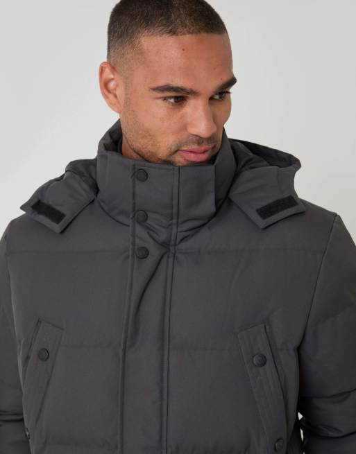 Threadbare Showerproof hooded puffer coat with adjustable waist in slate grey, 3 of 4