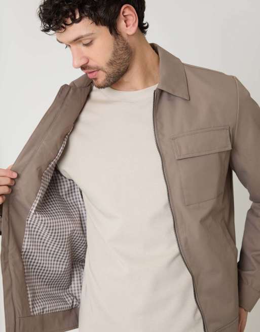 Threadbare Showerproof lightweight zip up jacket in taupe, 3 of 5