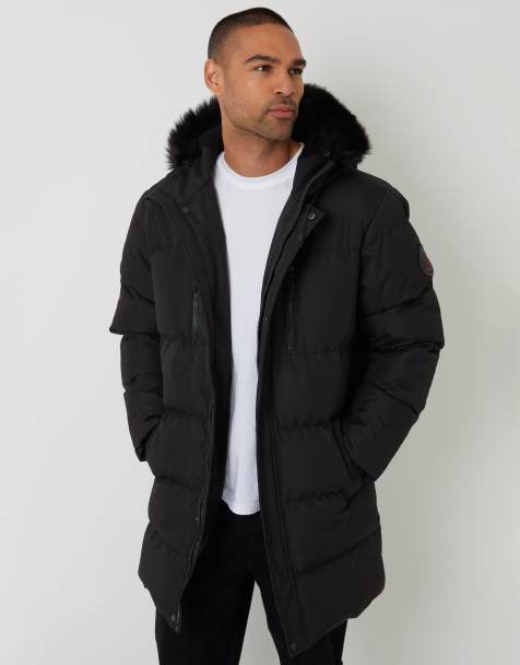 Threadbare Showerproof longline quilted parka jacket in black - view 1