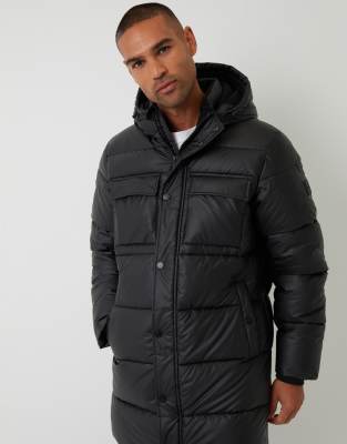 Threadbare Showerproof Pu Longline Puffer Coat In Black