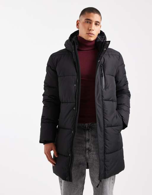 Threadbare showerproof puffer coat with hood in black
