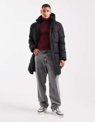 Threadbare Showerproof Puffer Coat With Hood In Black