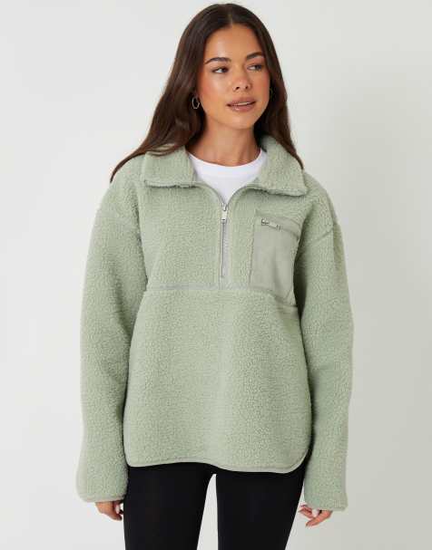 Threadbare 'sian' half zip borg fleece in pale green - view 1